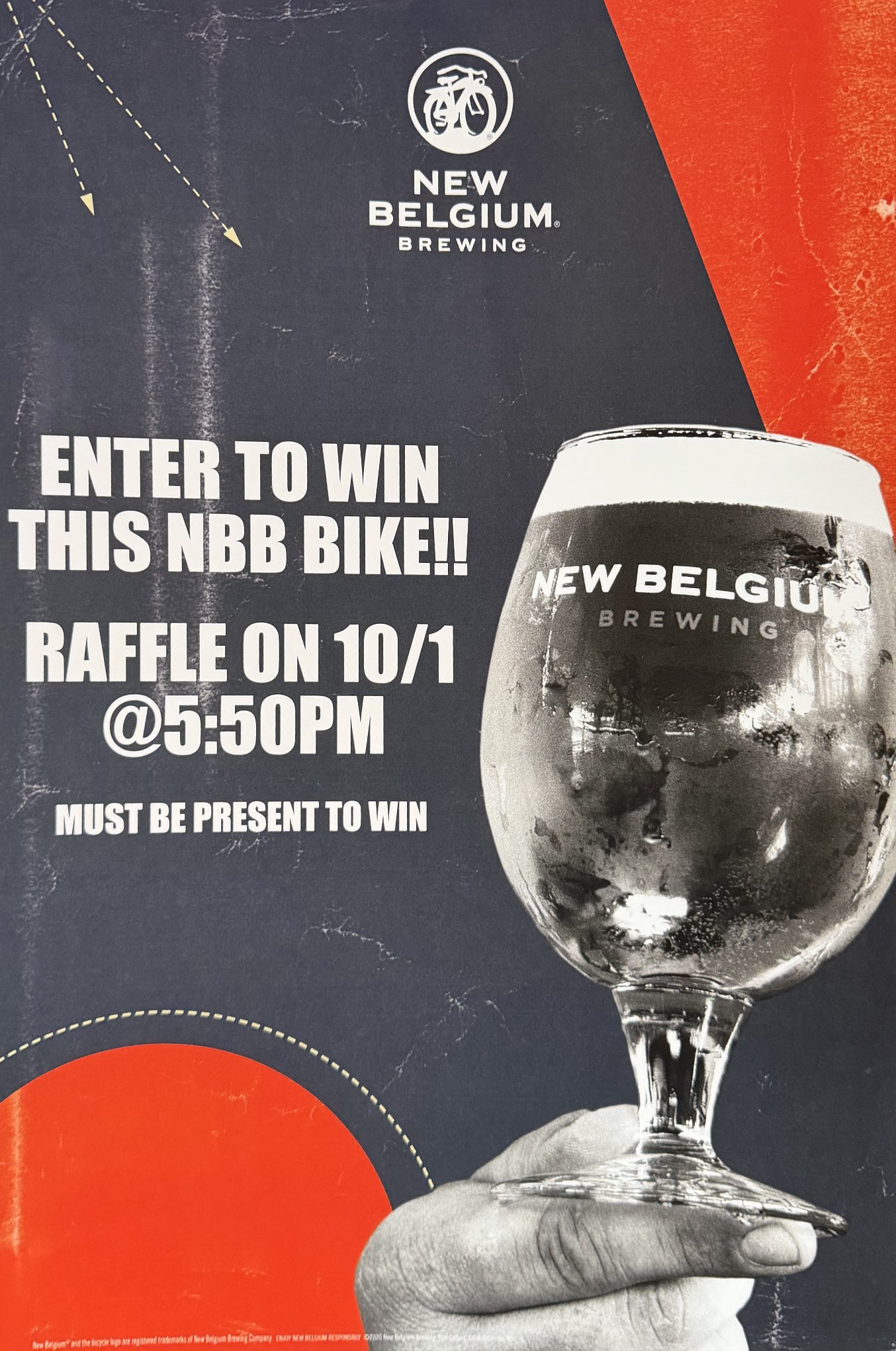 New Belgium Brewing poster: enter to win this NBB bike, raffle on 10/1 at 5:50 PM, must be present to win
